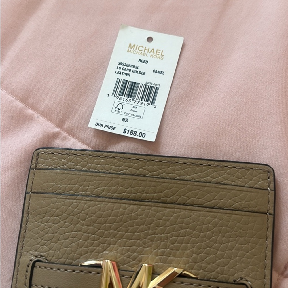 Michael Kors Camel Pebbled Leather Slim Card Holder with Gold Accent
